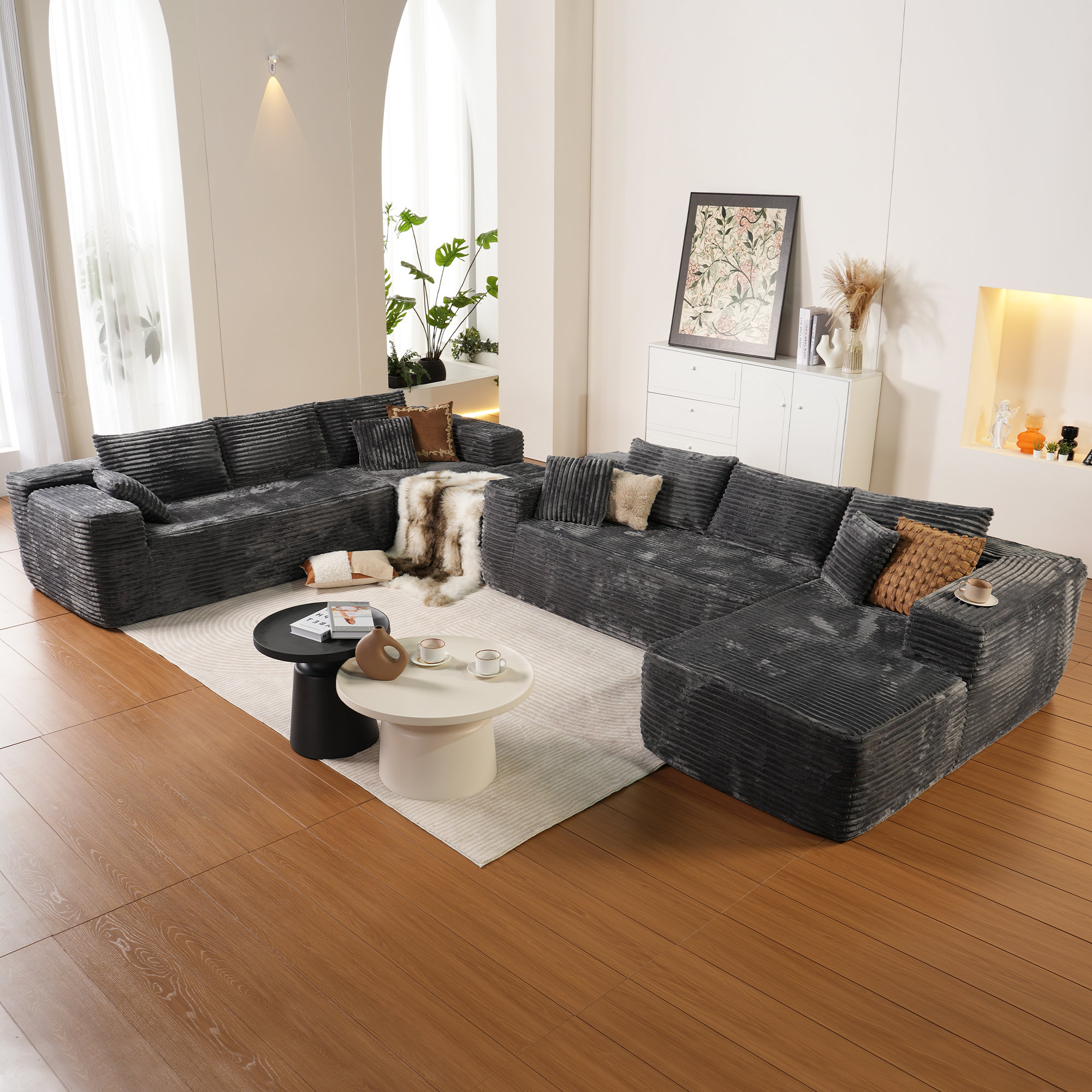 Ebern Designs Fontanez Plush Corduroy Fabric Cloud Sectional With L shape Chaise modern Modular Sofa With Deep Seat Upholstered Couch For Living Room
